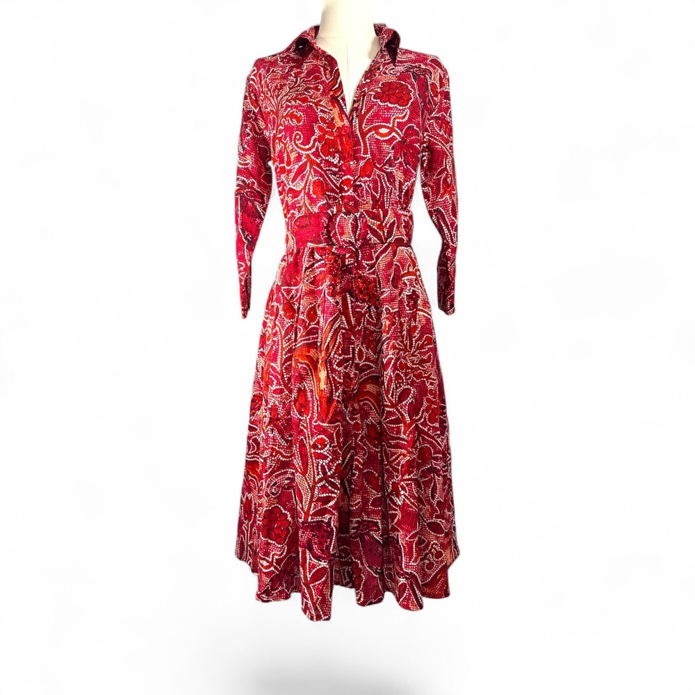 Samantha Sung Red Mosaic Print Linen Shirt Dress 3/4 Sleeve Belted Size 4 EUC